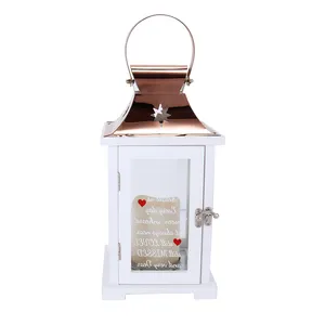 Decorative White Wooden Glass Metal Moroccan Lantern Candlestick Candle Holder for Home Decor Memorial Candle Holder
