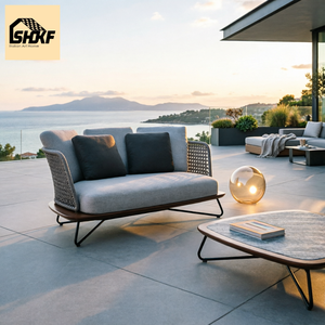 Conjunto de Sofá de Ratán para Exteriores, Diseño Curvo Tejido con Cuerda, Base de Madera, Silla de Descanso, Otomana, Mesa, para Patio, Terraza, Villa - Product Image 3