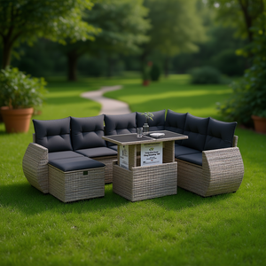 Large Adjustable Armrests Grey Poly <b>Rattan</b> Garden <b>Sofa</b> Set 6 Seater Outdoor Furniture Contemporary Style - Product Image 2