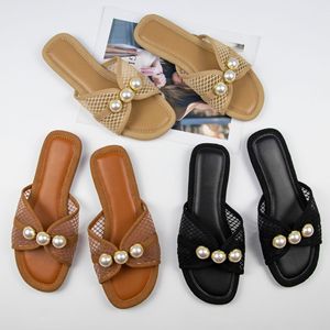 2025 Summer <b>Net</b> Flat Slippers Outdoor Fashion Pearl Large Lightweight Non slip Beach Travel Flat Heel Women's Sandals - Product Image 2