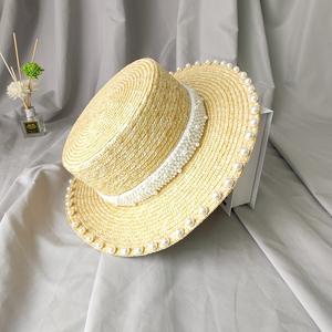 Amader — chapeau de paille de blé pour femme, pare-soleil à la mode, en forme de bateau, perles <span class=keywords><strong>Petra</strong></span> naturelles, nouvelle collection été - Product Image 4