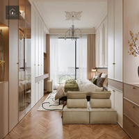 XINGRUO OEM Armoire intégrée sur mesure avec coiffeuse, portes à cadre doré, grain de chêne, style moderne minimaliste OEM