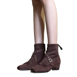 Genuine Leather Retro Cross Strap Ankle Boots, Women Square Toe Bow Heel Zip Elevator Slim Short Boots - Product Image 5
