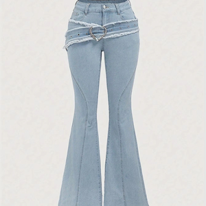 Jeans de Mujer de Cintura Alta, Corte Bootcut, con Cinturón Decorativo, Denim Elástico, Color Azul Claro, Cómodos y Elegantes, Casuales de Invierno - Product Image 1