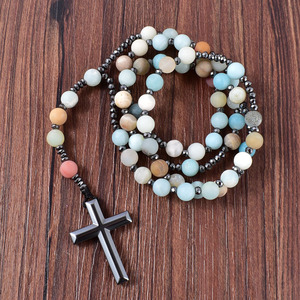 8mm in pietra naturale Amazonite cristiana cristo <span class=keywords><strong>rosario</strong></span> collane con croce di ematite collana pendente per uomini e donne gioielli - Product Image 5