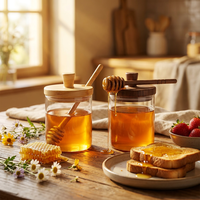Pot à miel sans plastique avec cuillère en bois, couvercle en bois d'acacia, pot à miel en verre pour le rangement en cuisine, distributeur de sirop durable