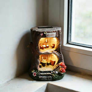 Sculpture en résine de gnome de bienvenue à énergie solaire, cabane en souche d'arbre lumineuse avec inscription « BONJOUR », décoration de jardin artisanale - Product Image 3