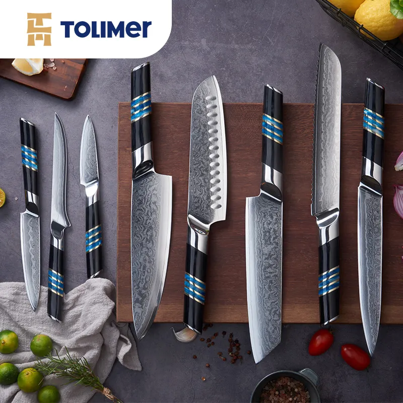 Couteau de chef de cuisine japonais haut de gamme avec manche en bois d'ébène et résine couteau Santoku Damas vente en gros