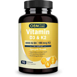 Cápsulas OEM de 125 mcg de D3 y 100 mcg de K2 MK-7, Vitamina D3 y K2 con Zinc, Boro y MCT para Adultos, Fortalecimiento Óseo, Apoyo Cardíaco e Inmunológico - Product Image 1