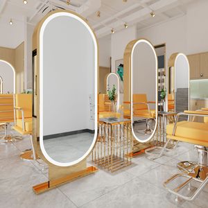 Juego de Muebles de Salón Ergonómicos de Cuero Rosa Moderno y Glamuroso, Silla de Estilismo con Espejo LED Dorado de Lujo, Cama para Lavado de Cabello con Reposapiés Ajustable - Product Image 2