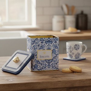1.8L Azulejo-Inspired <b>Blue</b> White Decorative Pattern 120x120x137mm Metal Square <b>Storage</b> Box Knob Handle Decorative <b>Storage</b> <b>Boxes</b> - Product Image 3