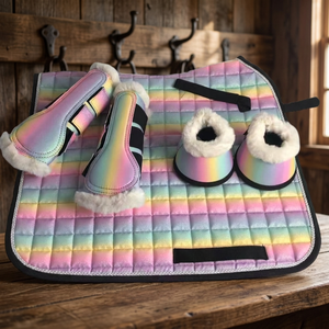 Almohadilla de silla de montar acolchada arcoíris con botas de protección a juego y botas de cascabel para equitación - Product Image 2
