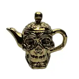 Gold Halloween Skull Coffee Tea Pot 2 Sided, 3D Porcelain Teapot at any shape & size & Color