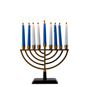Decorative Menorah <b>Candle</b> Holder with Blue and White Tapered <b>Candles</b> for Jewish Hanukkah Religious Activities - Product Image 1
