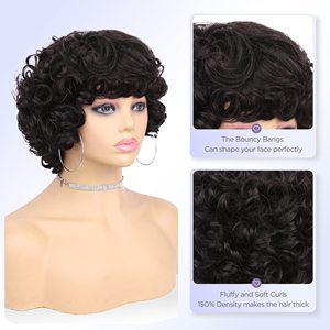 Perruque courte bouclée pour femmes noires, sans dentelle, grande perruque bouclée avec frange, coupe <span class=keywords><strong>pixie</strong></span>, couleur noir naturel - Product Image 5