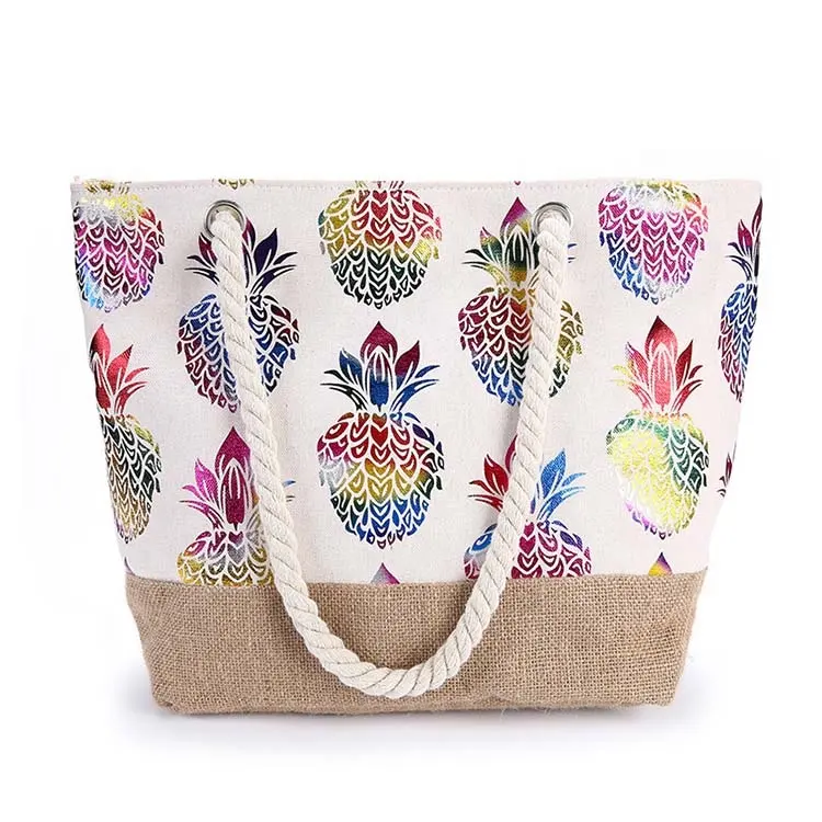 Wholesale fashion reusable rope handle woman beach bag Pineapple printing Canvas Tote Bag with Jute Combination top bottom