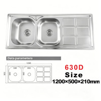 Évier de cuisine double bac de 1200 mm en acier inoxydable, antibactérien et anti-taches, avec égouttoir intégré, à encastrer