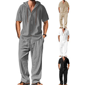 Conjunto de Camisa de Lino y Algodón con Capucha para Hombre, Pantalones Holgados de Manga Corta, Traje Informal en Gris, Blanco, Negro y Caqui, Ropa Casual DF-999 - Product Image 1