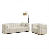 Ensemble de 2 fauteuils Cloud modernes en tissu bouclé, avec accoudoirs hauts et pieds en métal - Crème, pour appartement, chambre et salon