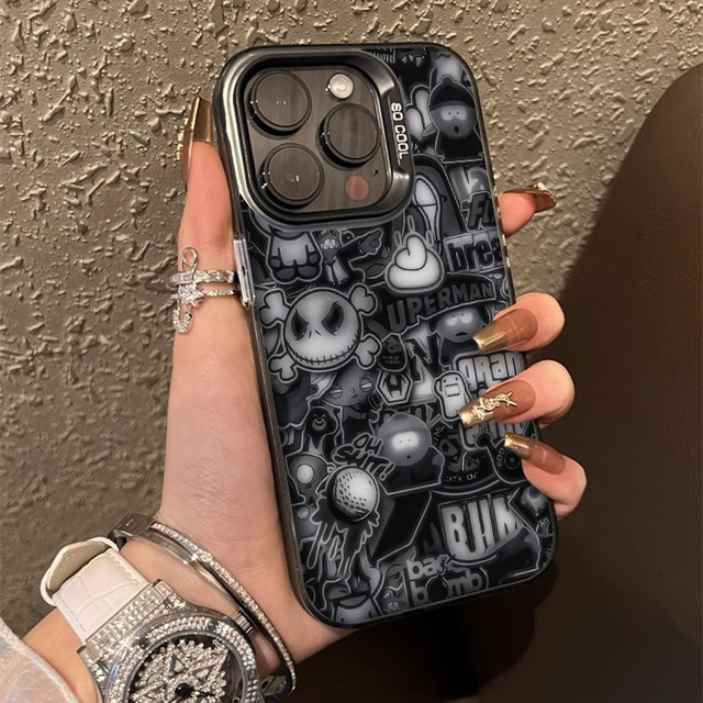Dark Art Pattern Phone Case for iPhone 16Pro Max for iPhone 15 14 13 Pro Max Laser Color Silver Drop-Resistant Phone Case