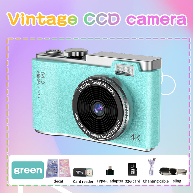 Retro CCD Digital Camera 64MP 4K Video 2.4 Inch Screen 8X Digital Zoom 800mAh Long Battery Portable Pocket Vlog Camera