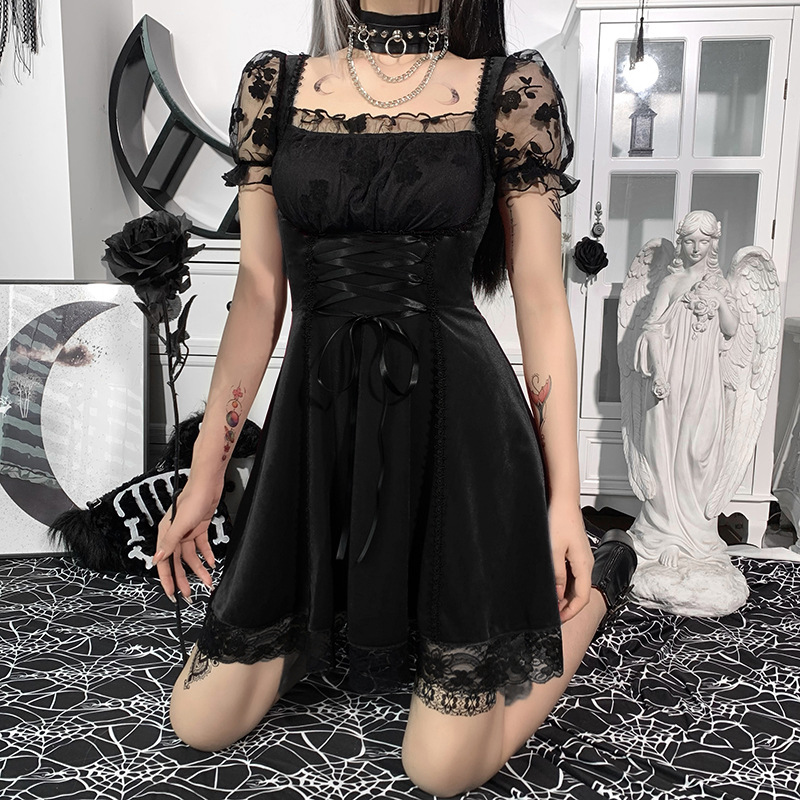 knee length dresses for ladies Gothic daliy mesh short sleeves halter dress DW417 – DARK IN LOVE main image 0
