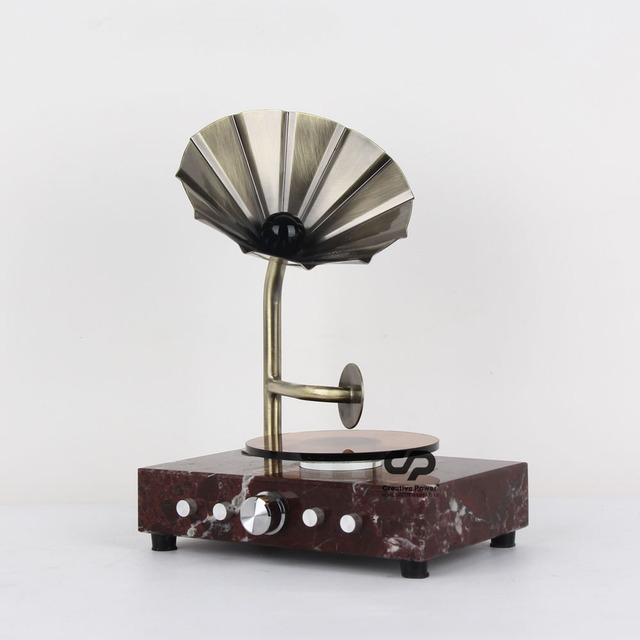 Vintage Gramophone Sculpture with Marble Base and Brass Horn Retro Decorative Ornament for Home Office Desktop Display