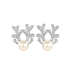 Boucles d'oreilles clous en or blanc E4313, forme animale, cristal, strass, perle, pour femme, mignonnes, à porter au quotidien - Product Image 1