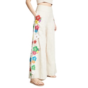 Manni Vrouwen Zuiver Linnen Borduren Broek <span class=keywords><strong>Indian</strong></span> Stijlvolle Wijde Pijpen Losse Broek - Product Image 1