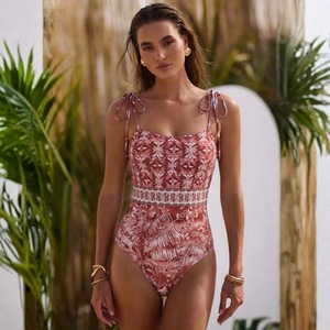 Conjunto de bikini vintage de 2 piezas con estampado de hojas para mujer, monokini de una pieza con tirantes y borlas, falda cruzada, venta al por mayor - Product Image 3