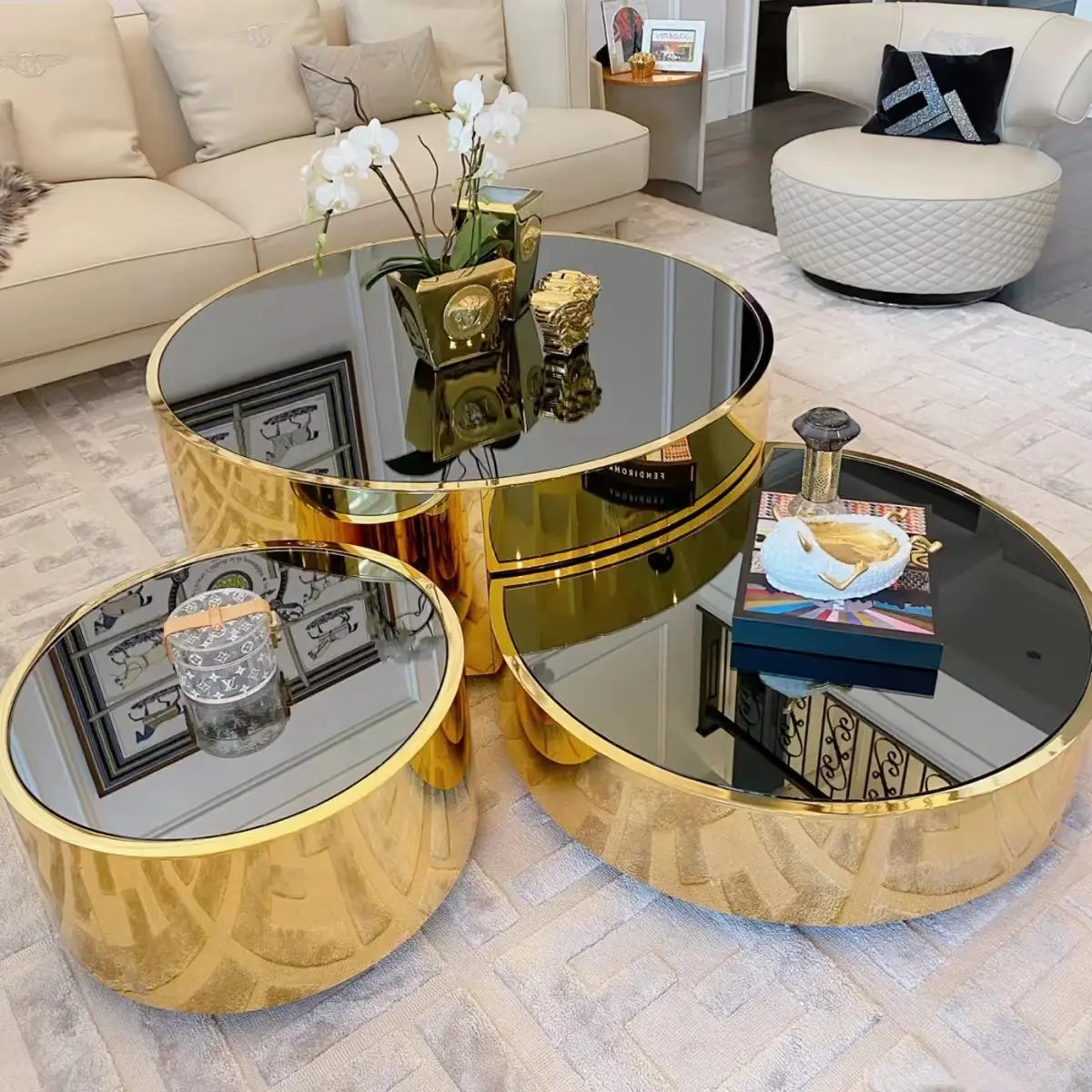 Venta caliente muebles de sala de estar juegos de mesa central redonda astilla o oro Acero inoxidable lujo espejo tres mesas de centro