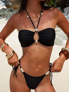 Trendy Solid Beaded Tie <strong>Strap</strong> Bikini Set Women Slim Fit Split Swimwear Summer Beach <strong>Bathing</strong> <strong>Suit</strong> - Product Image 2