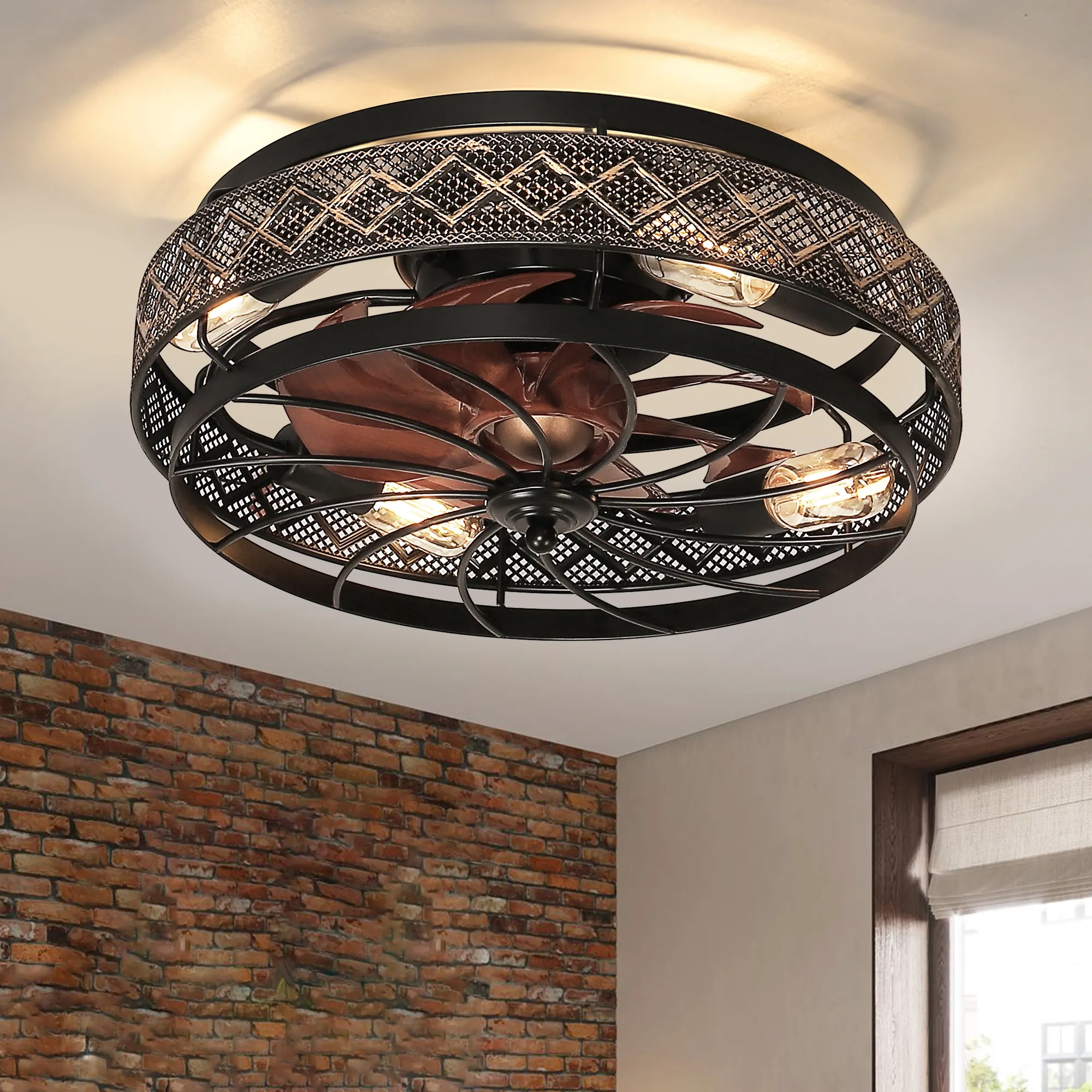 Flush Mount Vintage Industrial Bladeless Ceiling Fan with Light Remote Control Low Profile Led Ceiling Fan