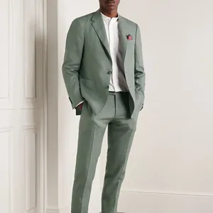 Algodão verde Linho Terno Casaco dos homens Primavera Verão Cor Pura Slim Negócios Casuais Fino Mens Blazer Jacket Confortável Respirável