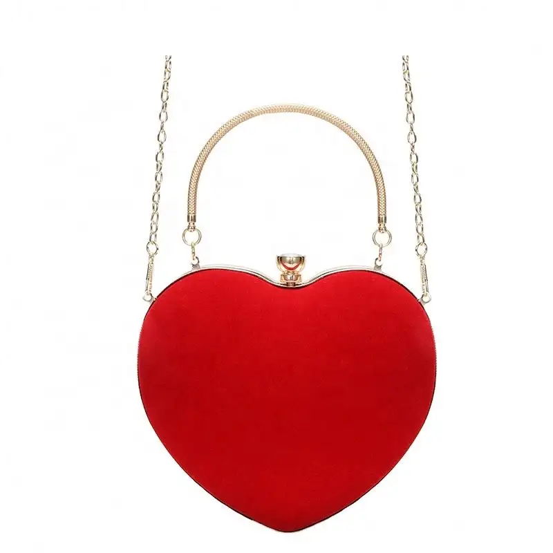 red and black Women Heart Shape Clutch Purse Velvet Shoulder Bag Evening Tote Chain Purse Mini Handbag