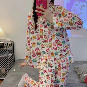 Conjunto de Pijama de Manga Larga con Botones y Solapa para Mujer, Primavera-Otoño 2026, Cárdigan y Pantalones Largos, Conjunto de Ropa de Dormir con Diseño de Dibujos Animados a la Moda - Product Image 1