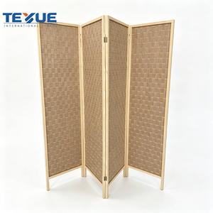Boho Handwoven Paper Rope 4 Folding Screen Room Divider Wood Frame Rattan Privacy Partition Living Room Decor - Product Image 1