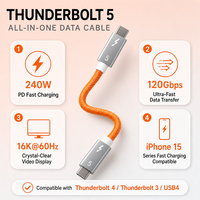 Câble USB-C Thunderbolt 5 240W PD à charge rapide, transfert de données 120 Gbit/s, vidéo 16K, gaine en nylon tressé orange pour téléphone et ordinateur portable OEM