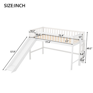 เตียงสองชั้นไม้สีขาวพร้อมสไลเดอร์และบันไดสำหรับห้องนอนเด็ก - Product Image 3