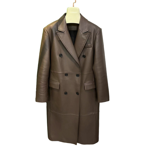 3253 New Fashion High Quality Sheepskin Leather Solid Color Classy Slim Long Genuine Leather Trench Coat Women