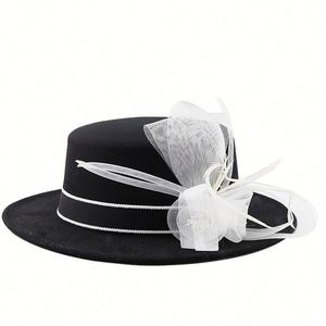 Flat Top Boater Fedora <b>Hat</b> <b>for</b> Women Silk Screen Printed Lace Ribbon Flower Elegant Church Party Promotional Use - Product Image 4