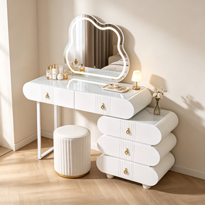 Ensemble de coiffeuse moderne blanc avec miroir LED et tabouret rayé pour chambre à coucher - Product Image 3