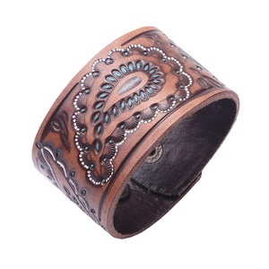 European American Style Men's <b>Leather</b> Cuff <b>Bracelet</b> Wide Embossed Punk Hip Hop Jewelry Antique Brown Geometric Design - Product Image 5