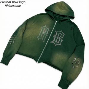 Sweat-shirts amples vintage en coton lourd avec strass personnalisés pour hommes TKAN794D, sweat-shirt à fermeture éclair délavé pour streetwear - Product Image 1