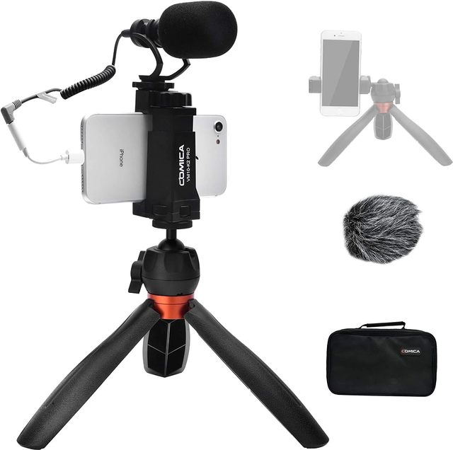 Comica Smartphone Microphone with Mini Tripod, CVM-VM10-K2 PRO Video Shotgun Mic for iPhone and Android Phones, Vlogging Kit