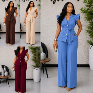 Nuovo Completo da <span class=keywords><strong>Donna</strong></span> di Alta Qualità, <span class=keywords><strong>Pantaloni</strong></span> a <span class=keywords><strong>Gamba</strong></span> <span class=keywords><strong>Larga</strong></span> Eleganti e Casual, Set Chic da Ufficio in Due Pezzi, Vendita all'Ingrosso - Product Image 2