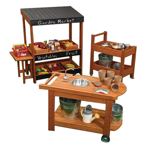 Outdoor Kids Play Furniture Set With Potting Bench Farmers Market Stand And Rolling-Storage Cart