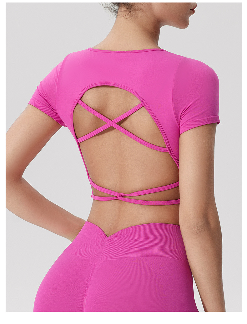 Women's Sexy Hollow Yoga Top Backless Cross-Over Short Sleeves Padded Chest T-Shirt Breathable Skinny Fit Crew Neck Front Logo