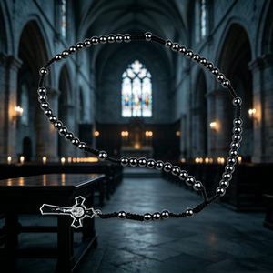 Elegantes rosarios católicos con conector Ilo y plata en oro laminado, pulsera de siete nudos, dije mini de San Benito. - Product Image 2