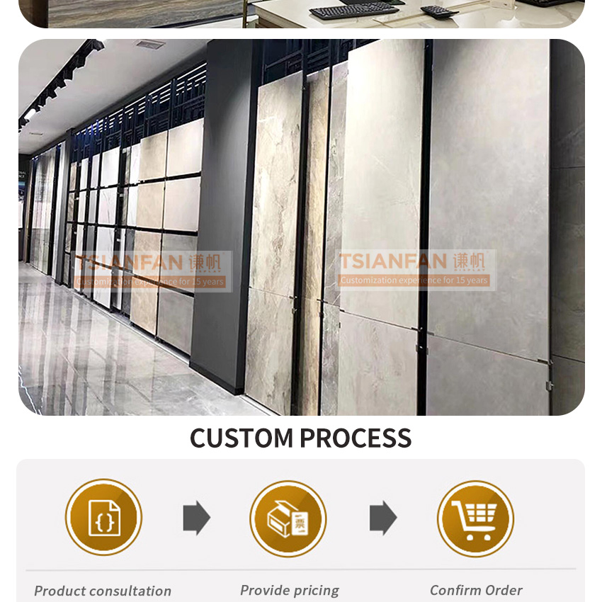 Prateleira deslizante horizontal de alta qualidade para pedra de quartzo, suporte de exposição de amostra de pedra de mármore e azulejos